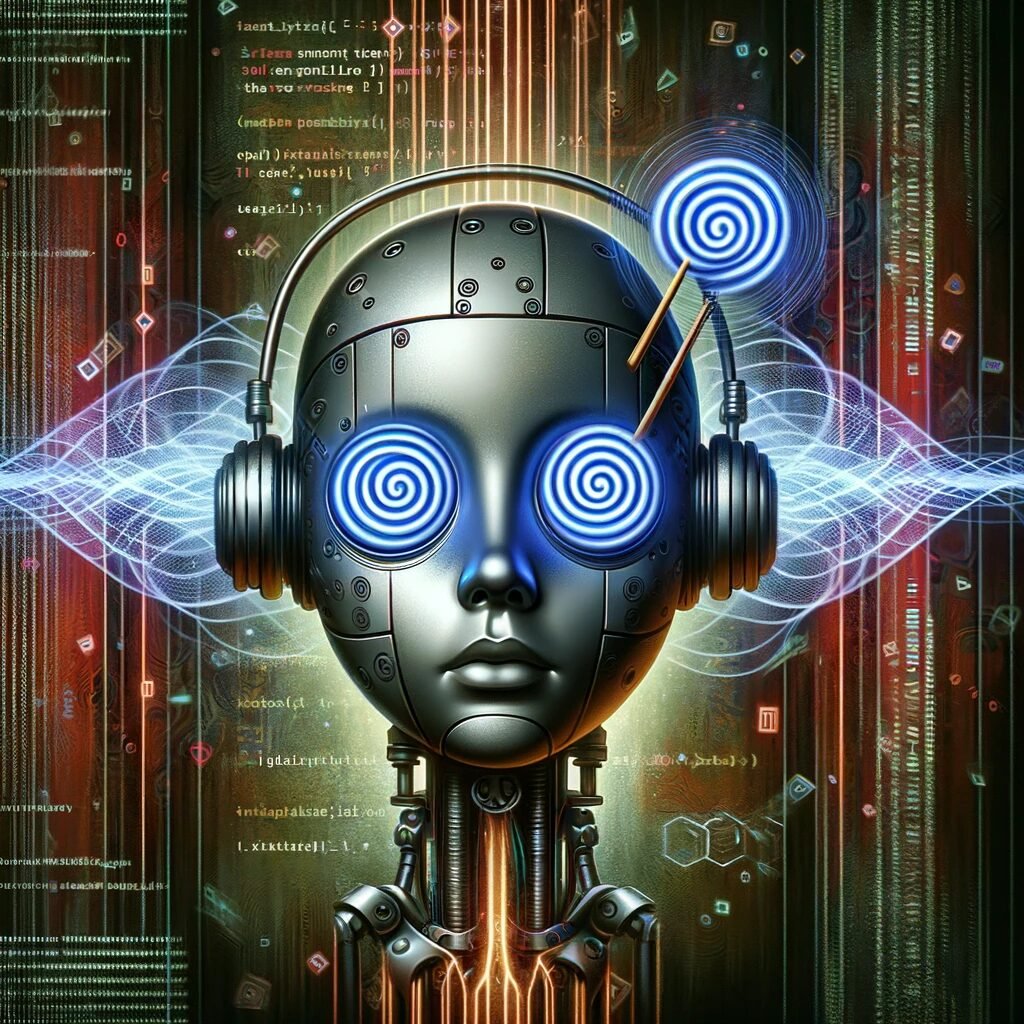 It features a hypnotized robot with spirals for eyes, surrounded by digital code and invisible text, set against a blend of digital elements and a plain white background. This artistic depiction is intended to symbolize the manipulation and security vulnerabilities in AI, highlighting the seriousness of the topic. It should be suitable as a featured image for your blog post about the latest developments and risks in AI security.