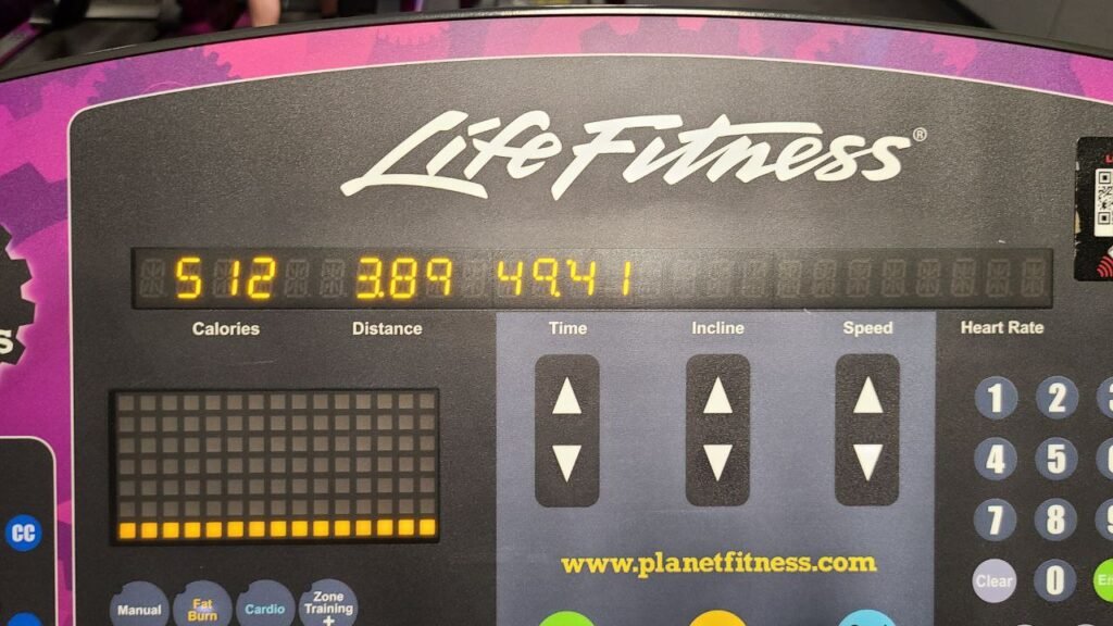 A picture of a treadmill after a completed workout, with calories, distance and time values visible