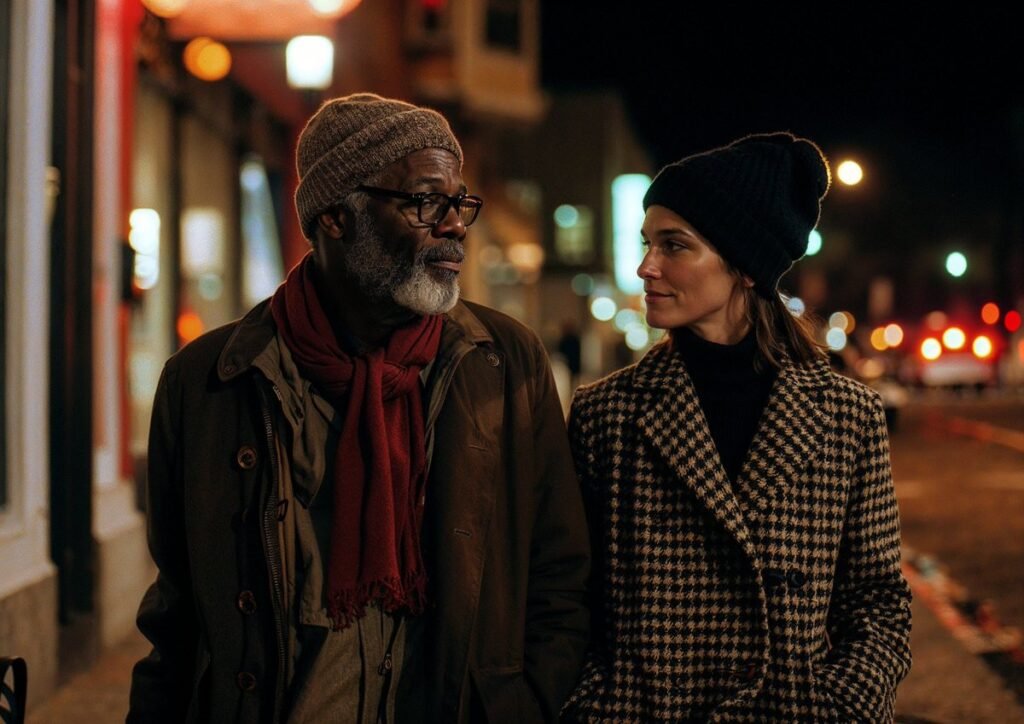 AI-generated image with the following prompt:

35mm film still, two-shot of a 50 year old black man with a grey beard wearing a brown jacket and red scarf standing next to a 20 year old white woman wearing a navy blue and cream houndstooth coat and black knit beanie. They are walking down the middle of the street at midnight, illuminated by the soft orange glow of the street lights --ar 7:5 --style raw --v 6.0