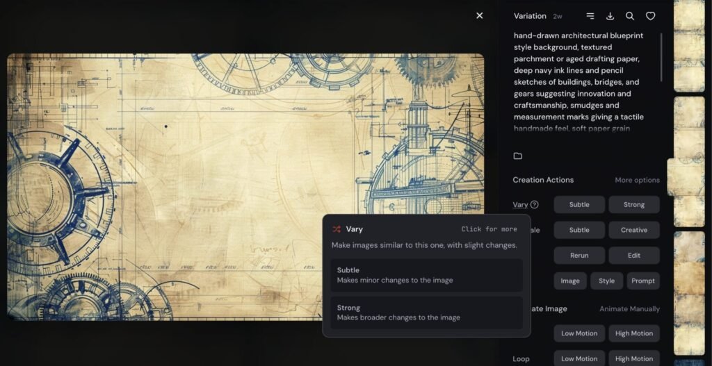 A midjourney screenshot showing the various controls that are possible for an image