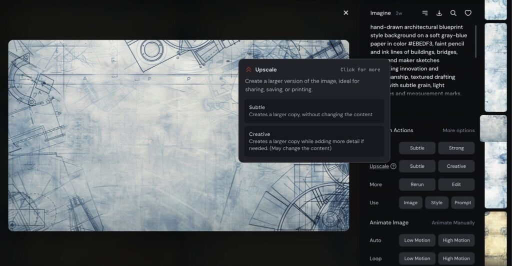 A midjourney screenshot showing the various controls that are possible for an image